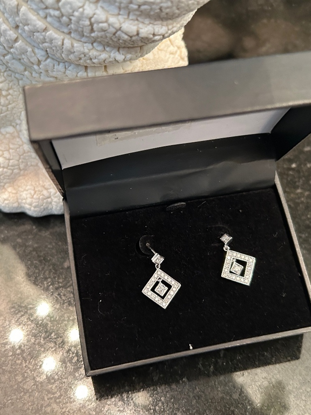 14K Solid White Gold Diamond Dangle Earrings